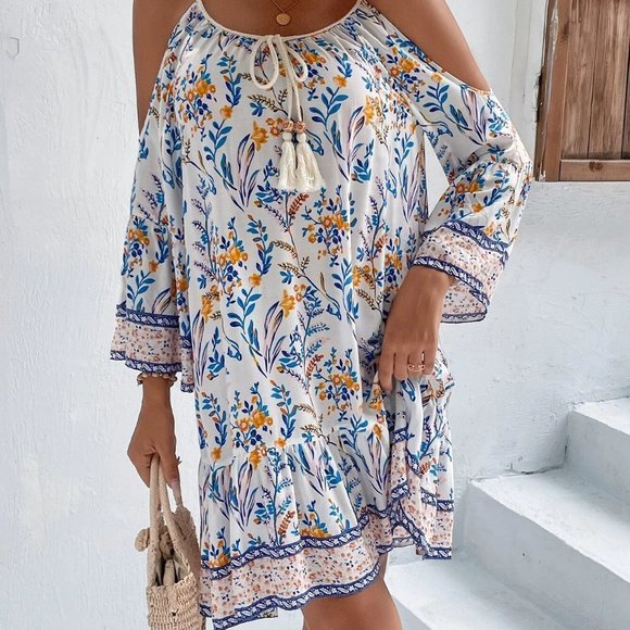Multicolor Boho Womens Floral Print Cold Shoulder Tassel Trim Ruffle Hem… - Picture 5 of 5